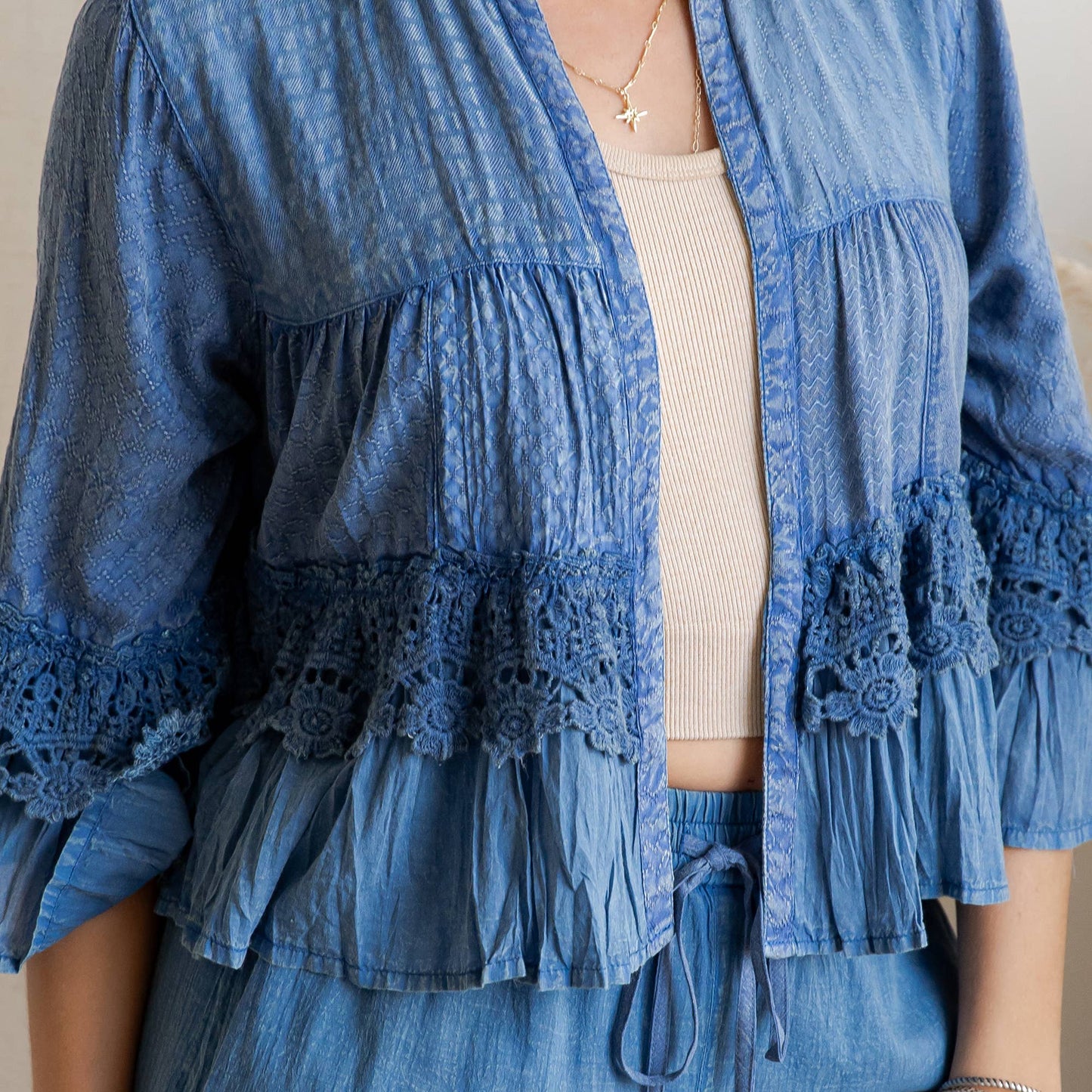 Young Threads - Mineral Wash Tiered Crochet Lace Open Front Shrug - 3 Colors