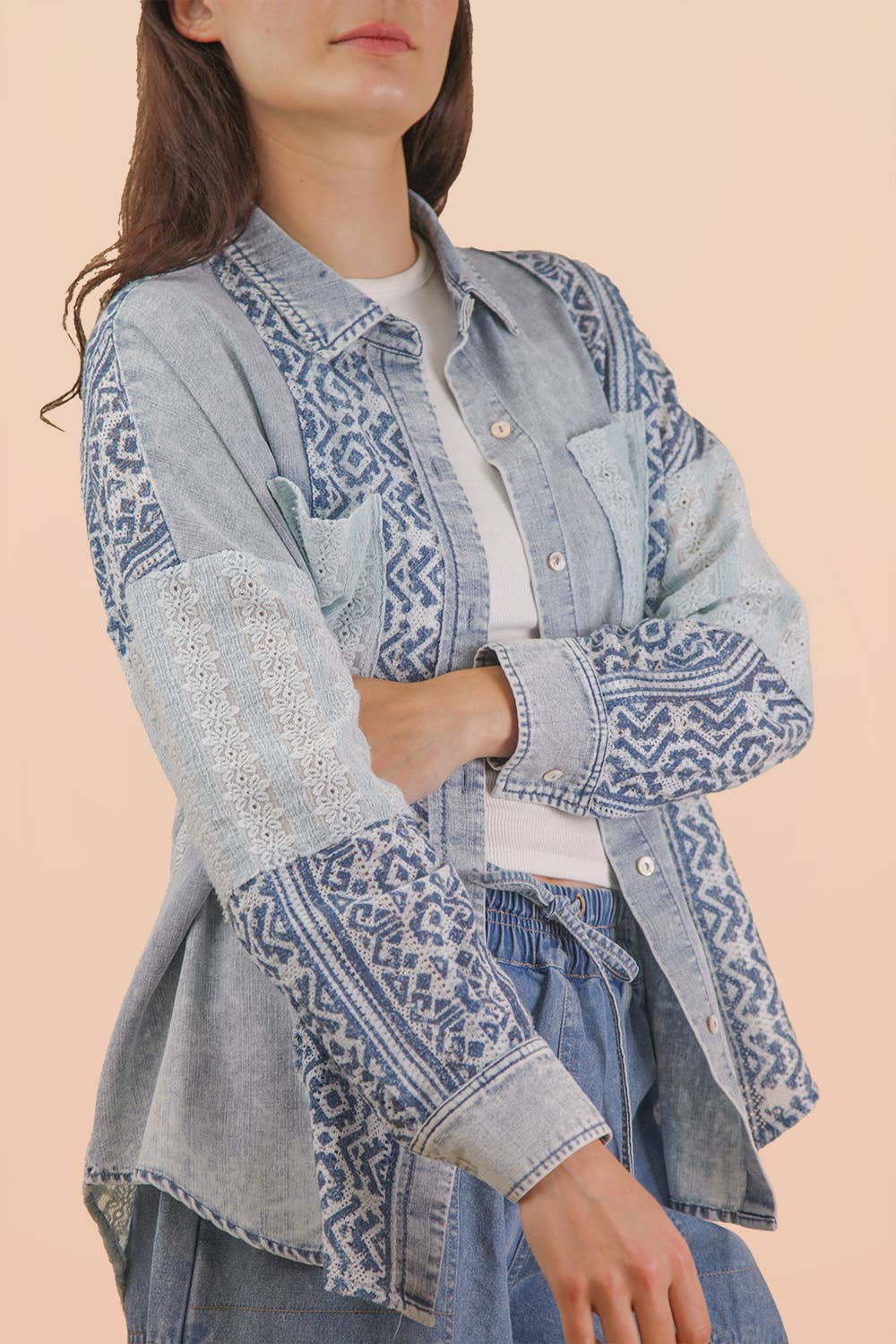 VERY J - NT12456-Oversized Washed Denim Shirt Top W/ Cont Fabric