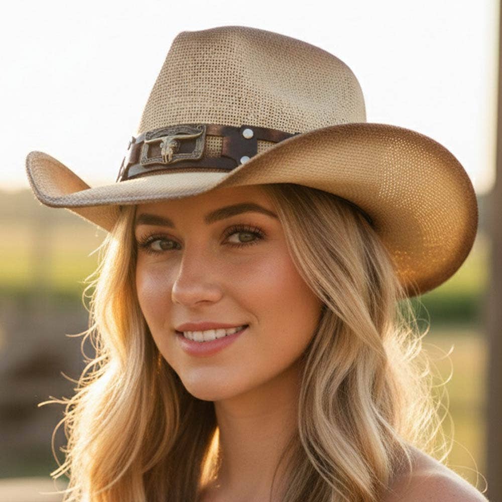 Sensibling Corp. - Longhorn Steer Head Buckle Accent Rugged Studded Band Western Straw Cowboy Hat