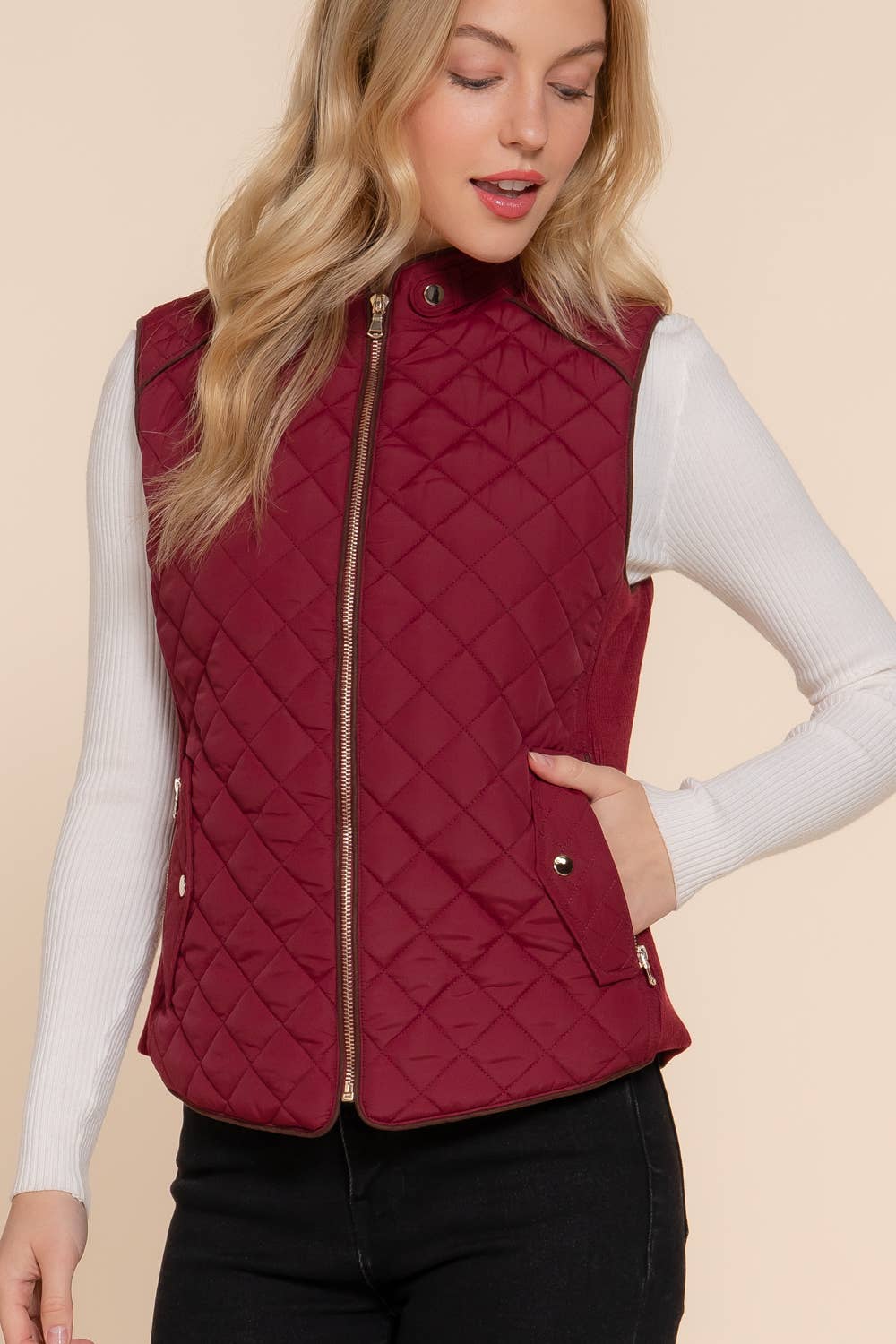 Active Basic | Active USA - Suede Piping Detail Rib Quilted Padding Vest