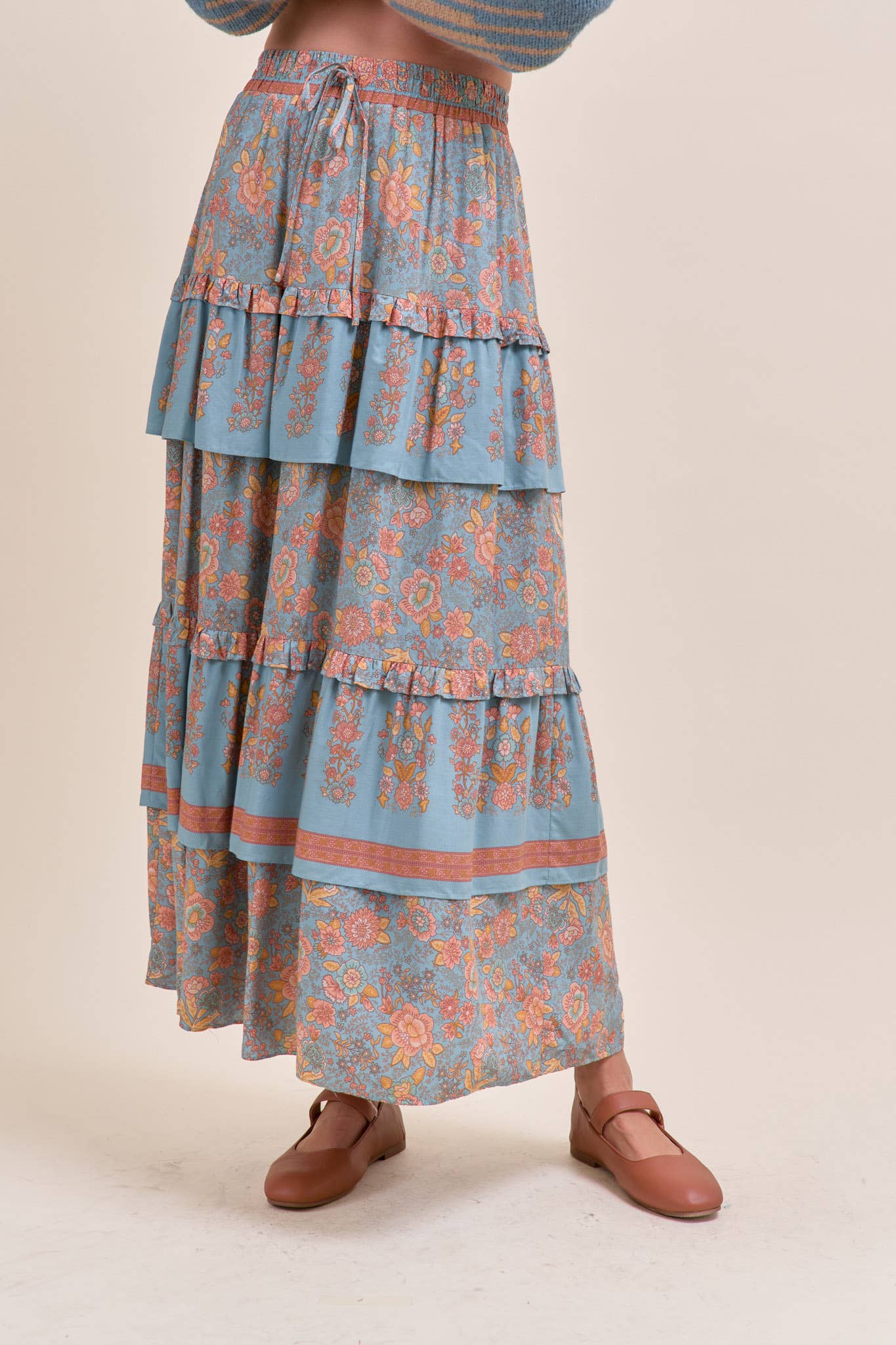 &MERCI - RUFFLE TIERED BORDER PRINT MIDI SKIRT MSK4166