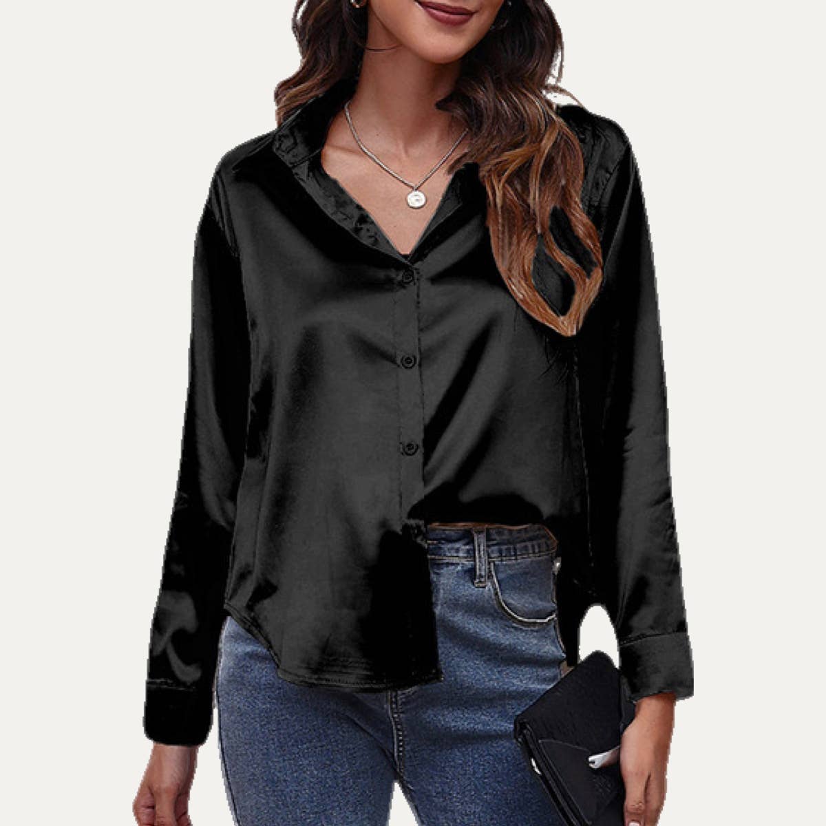 Easily Chic Solid Long Sleeve Button-Up Satin Shirt: BROWN / XXL