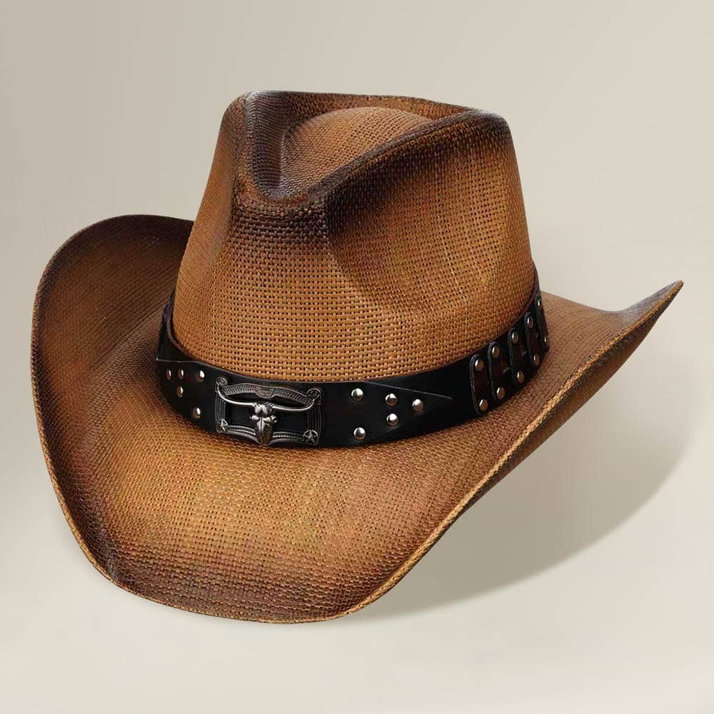 Sensibling Corp. - Steer Head Accent Studded Faux Leather Band Western Straw Cowboy Hat