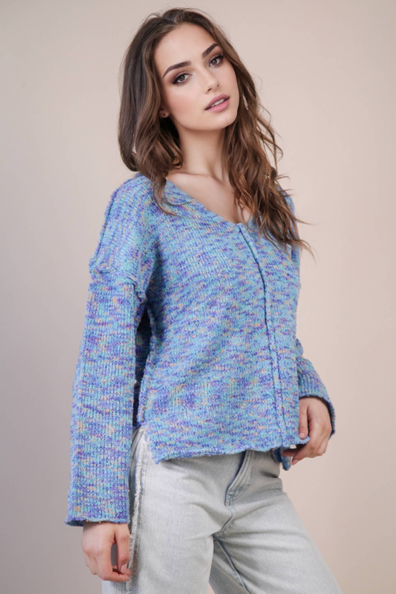 VERY J - 12W3270N-Oversized Casual Multi Color Knit Sweater Top