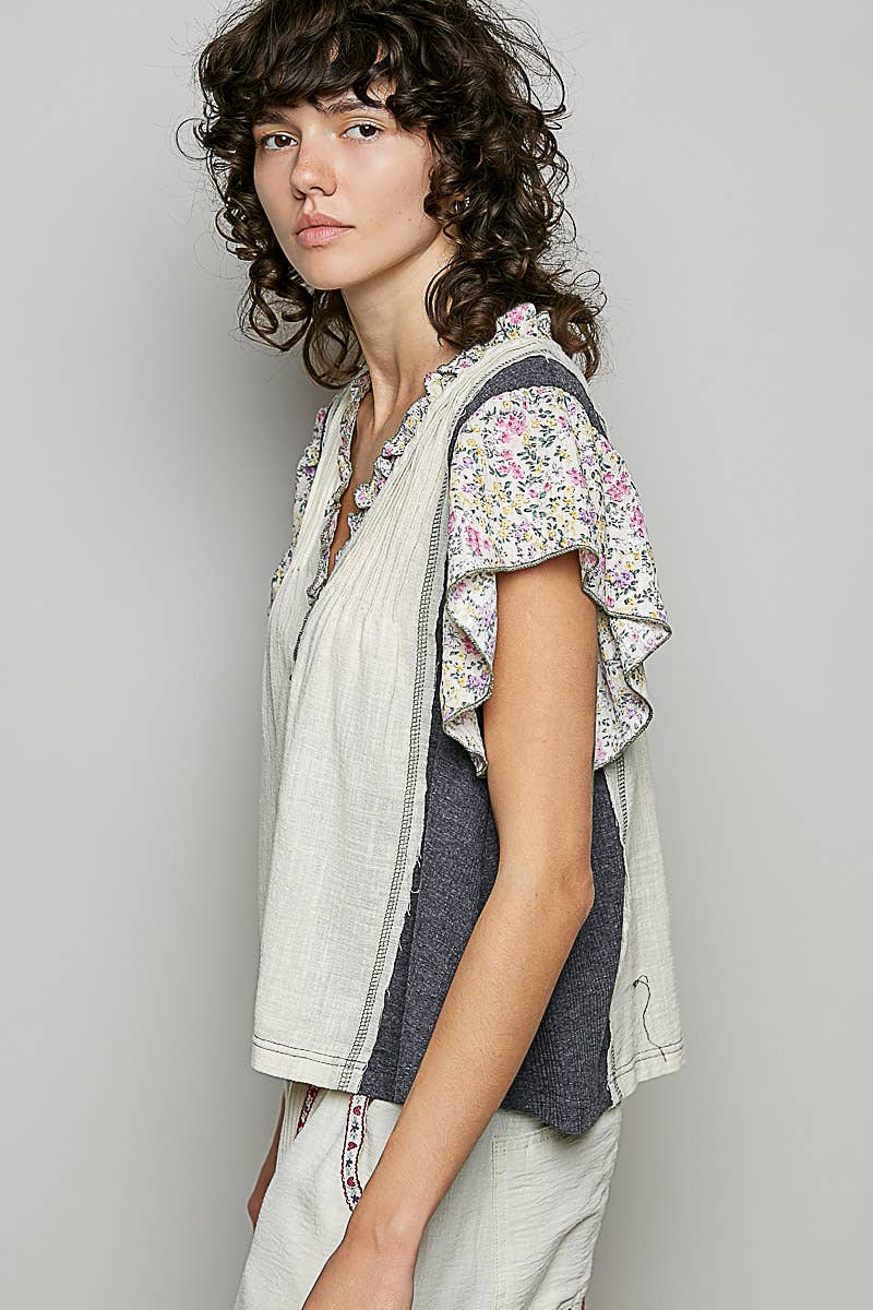 Pol Clothing - V neck Ruffle Sleeve Pintuck Contrast Woven Top