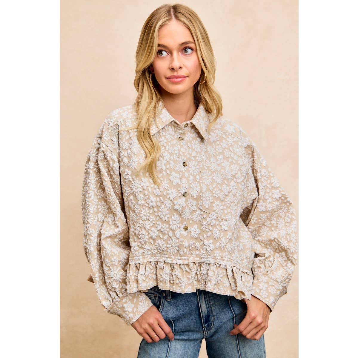 BiBi - TEXTURED FLORAL PATTERN RUFFLED HEM SHIRT TOP