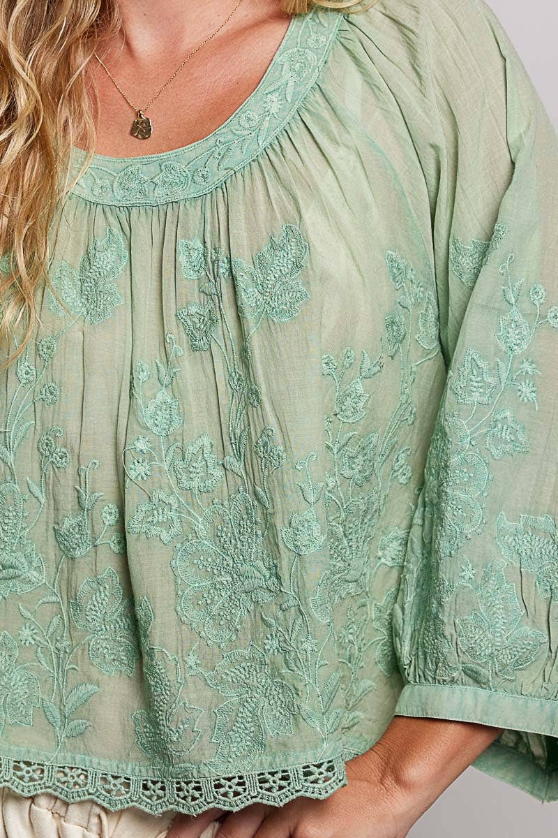 Pol Clothing - Floral Embroidered Lace Hem Boho Blouse