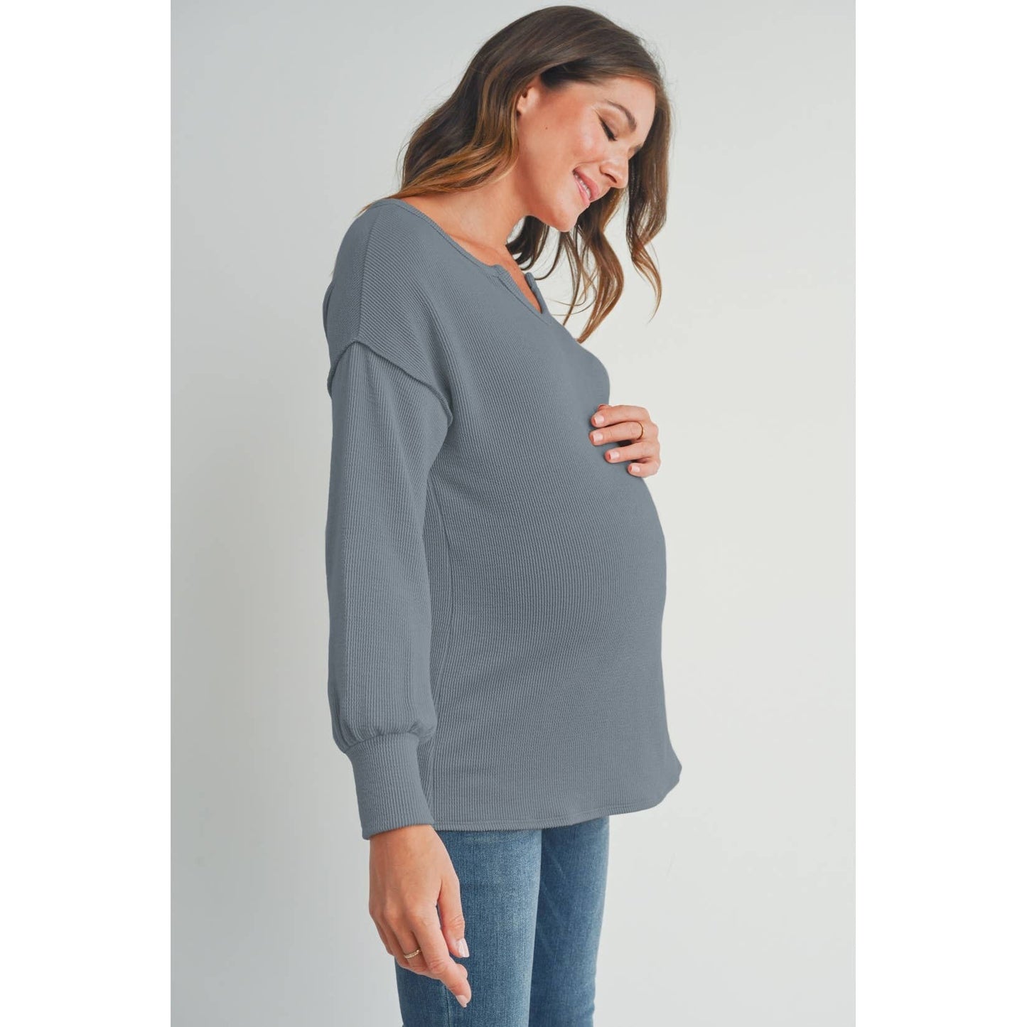 Hello Miz - Split Neck Long Sleeve Maternity Knit Top