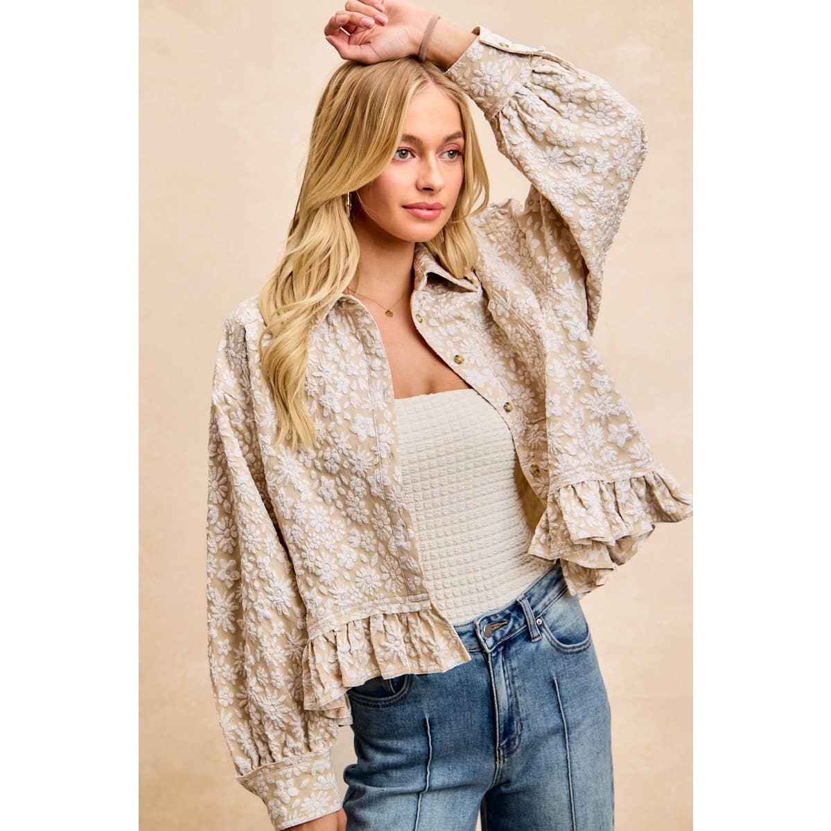 BiBi - TEXTURED FLORAL PATTERN RUFFLED HEM SHIRT TOP