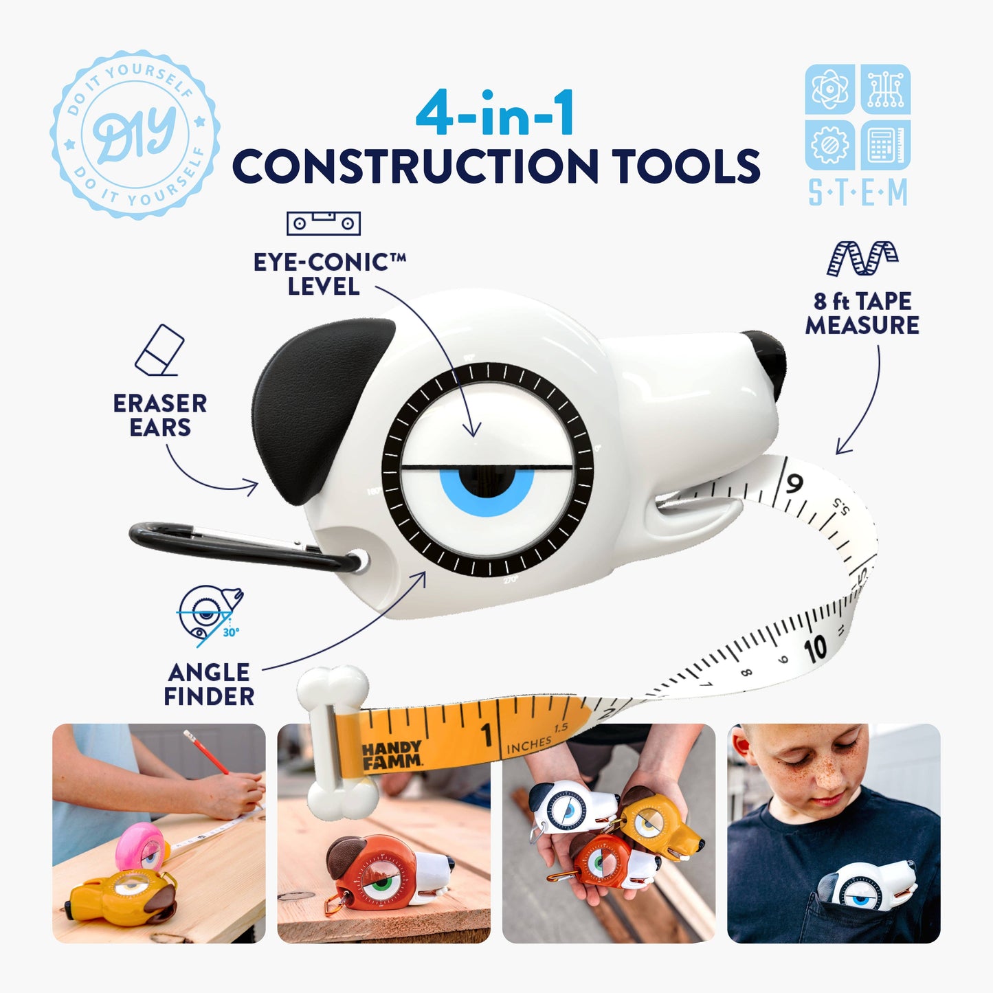 Handy Famm - 4-in-1 STEM Tape Measure / Construction Tool - Dog - "Spot"