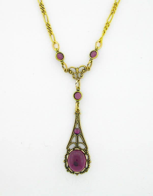 VintageJewelrymine - Victorian Crystal Cabochon Filigree Y-Necklace - Amethyst