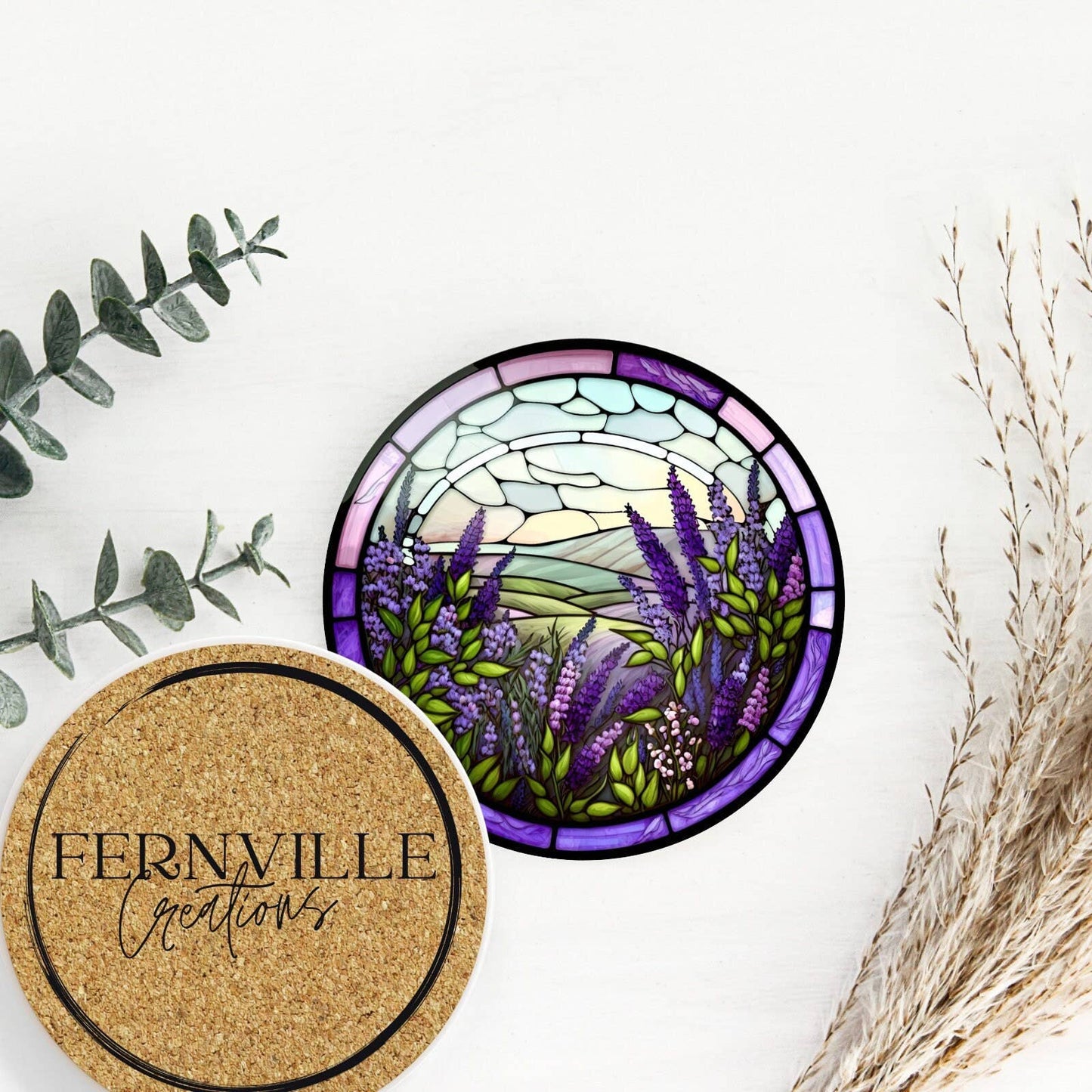 Fernville Creations - Lavender Floral Ceramic Coaster, Eco-Friendly Home Decor