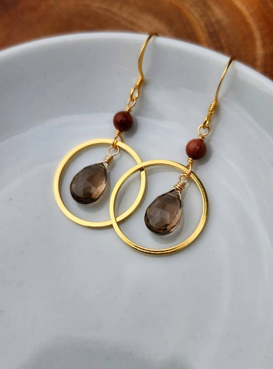 Edgy Petal Jewelry - Smoky Quartz and Goldstone Gold Circle Earrings