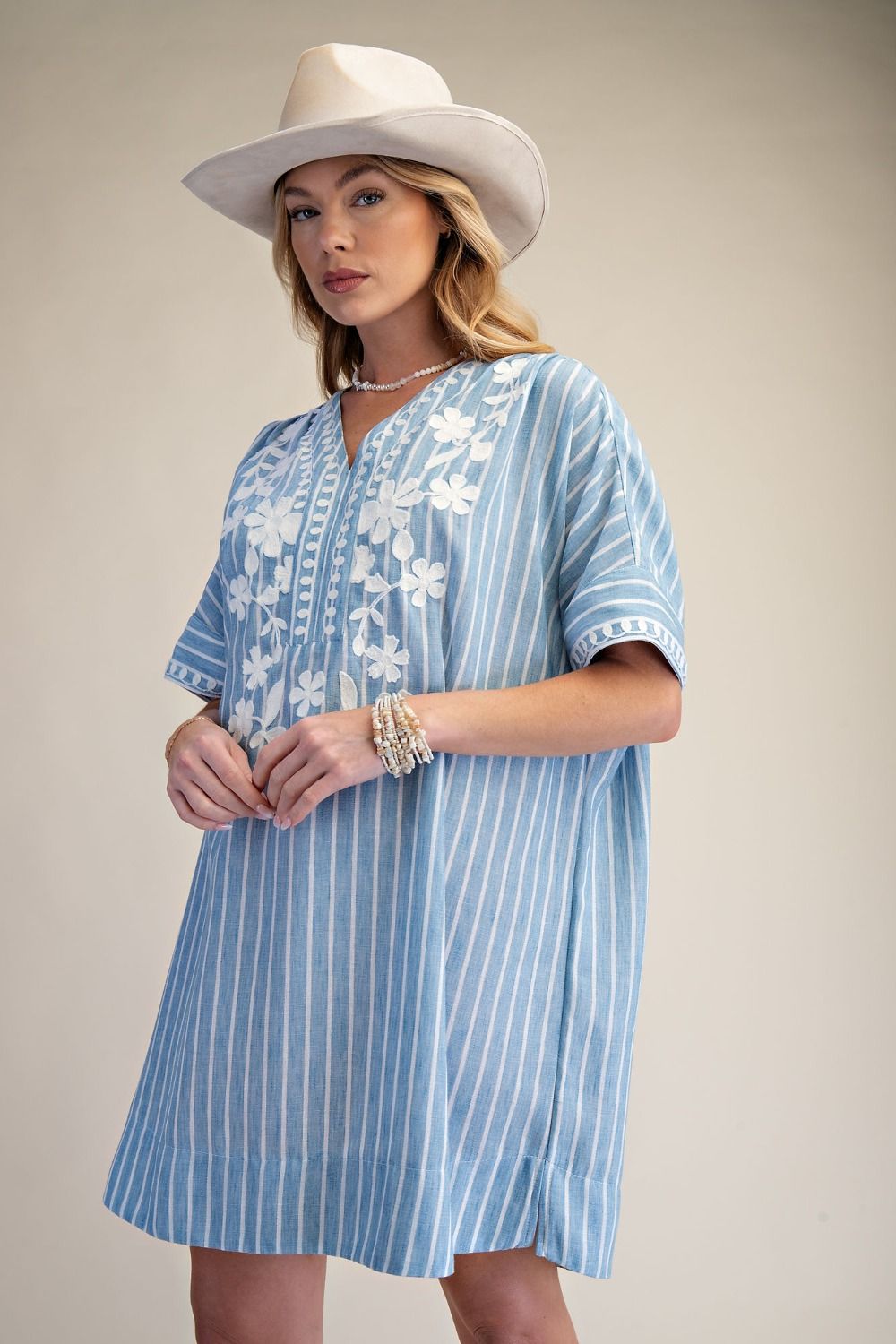 Cotton Stripe Embroidery Dress