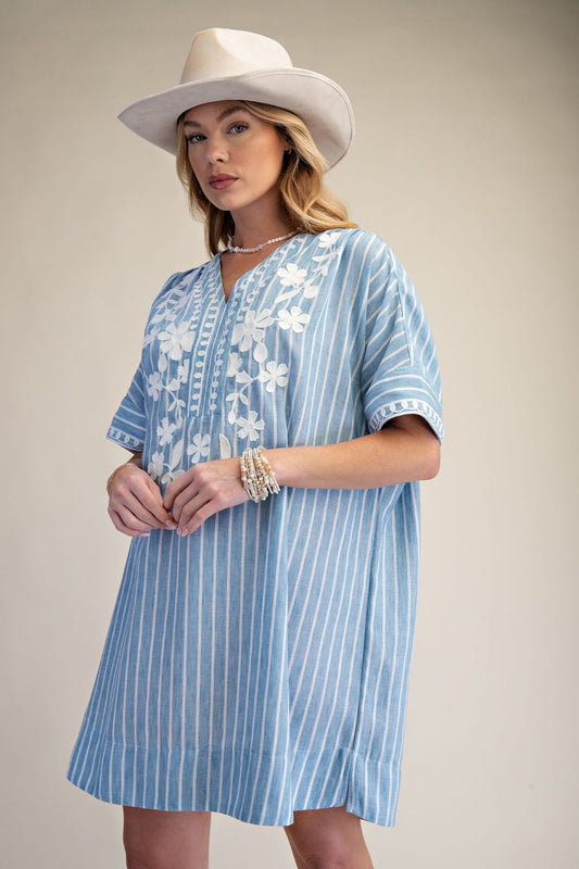 Cotton Stripe Embroidery Dress