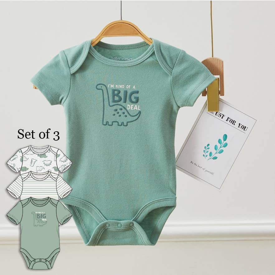 Lollipop Dreams - Pack of 3 Baby Boys Dinosaur Pattern Bodysuits Short Sleeve