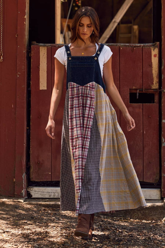 Oddi - Patchwork Plaid Overall Dress