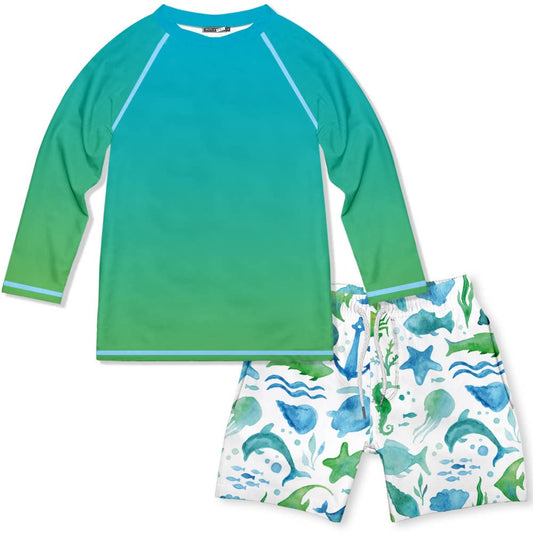 Millie Loves Lily - White WatercolorSea Long-Sleeve Rashguard Set