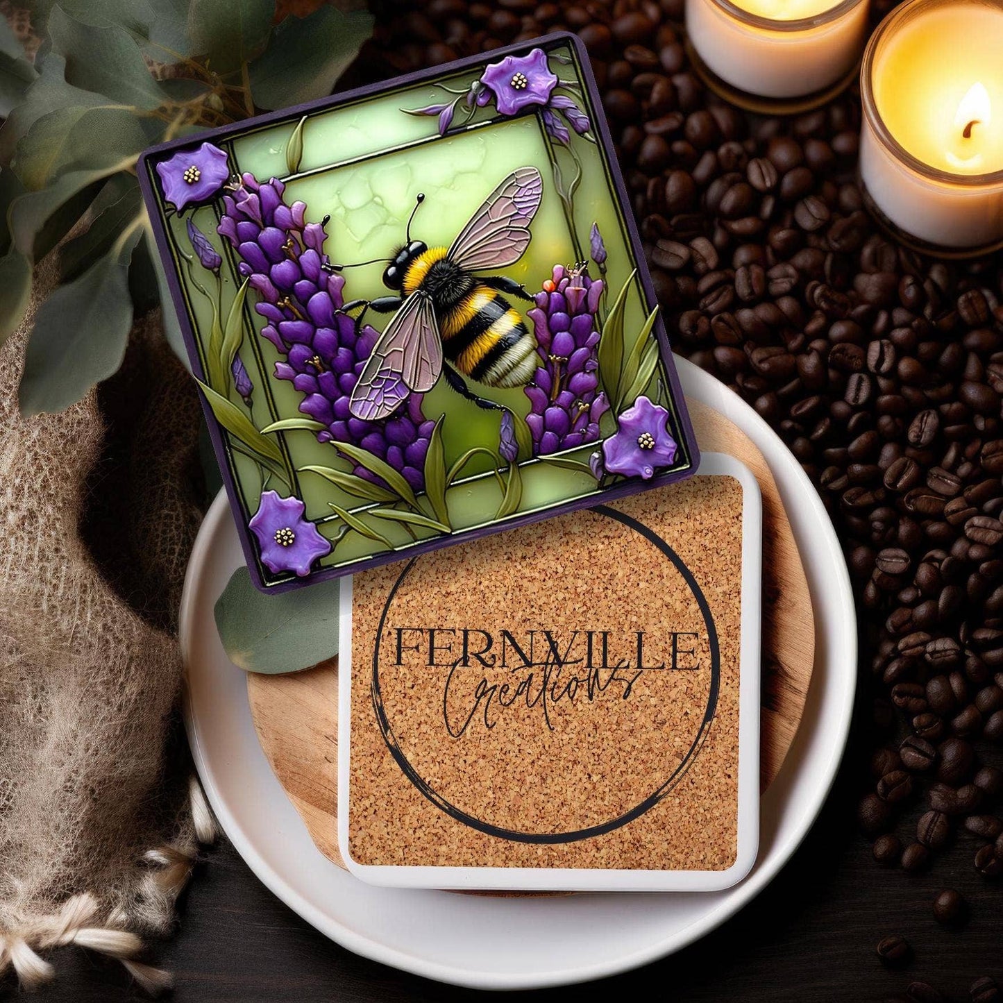 Fernville Creations - Bee & Lavender Ceramic Coaster with Cork Back for Home Decor
