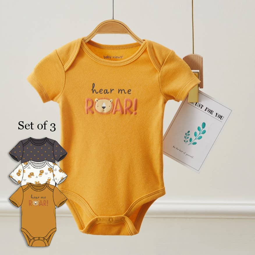 Lollipop Dreams - Pack of 3 Baby Lion Roar Pattern Bodysuits, Short Sleeves