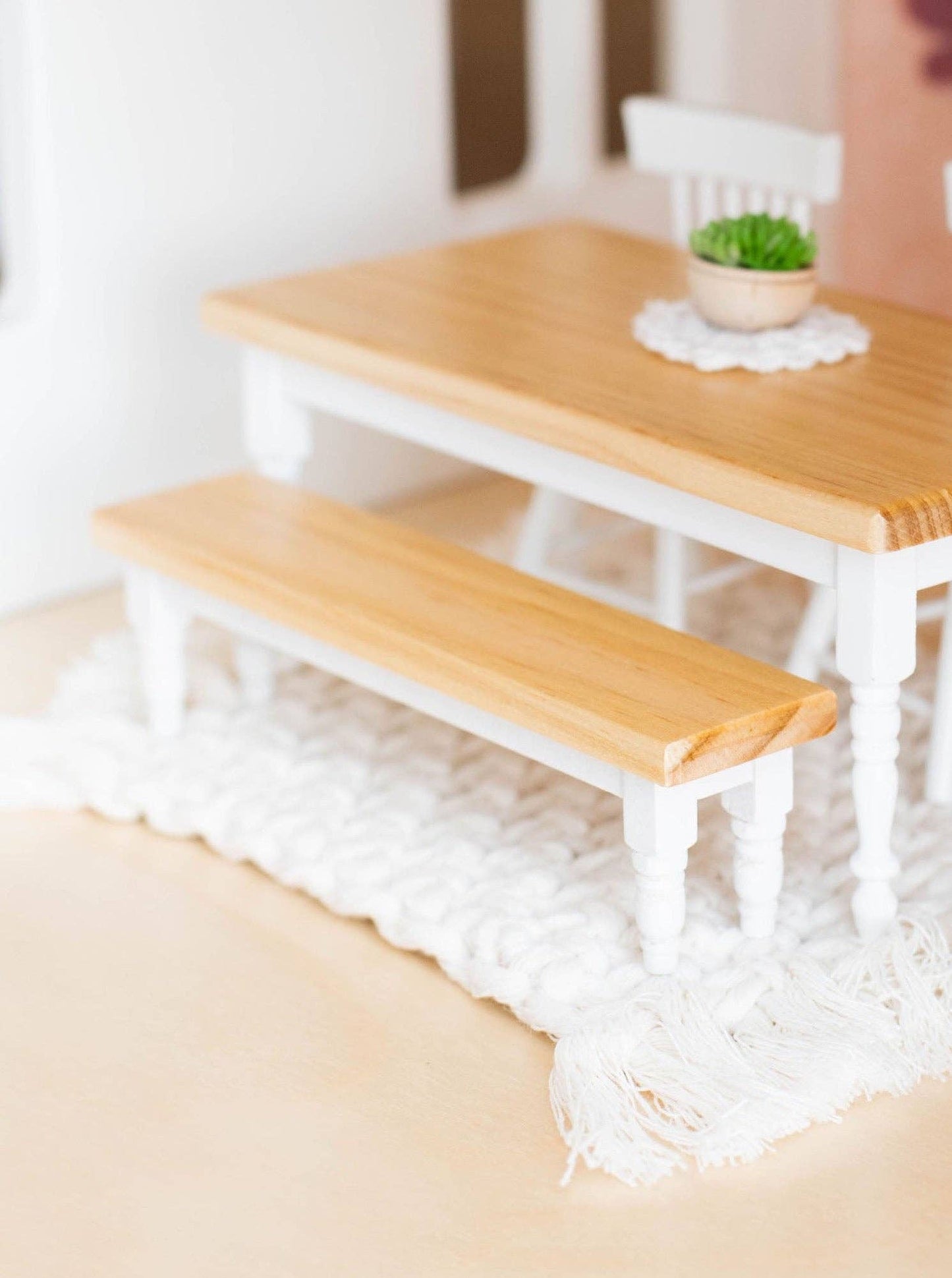 Macy Mae Dollhouse Designs - Dollhouse Classic Bench Seat | Natural Wood & White