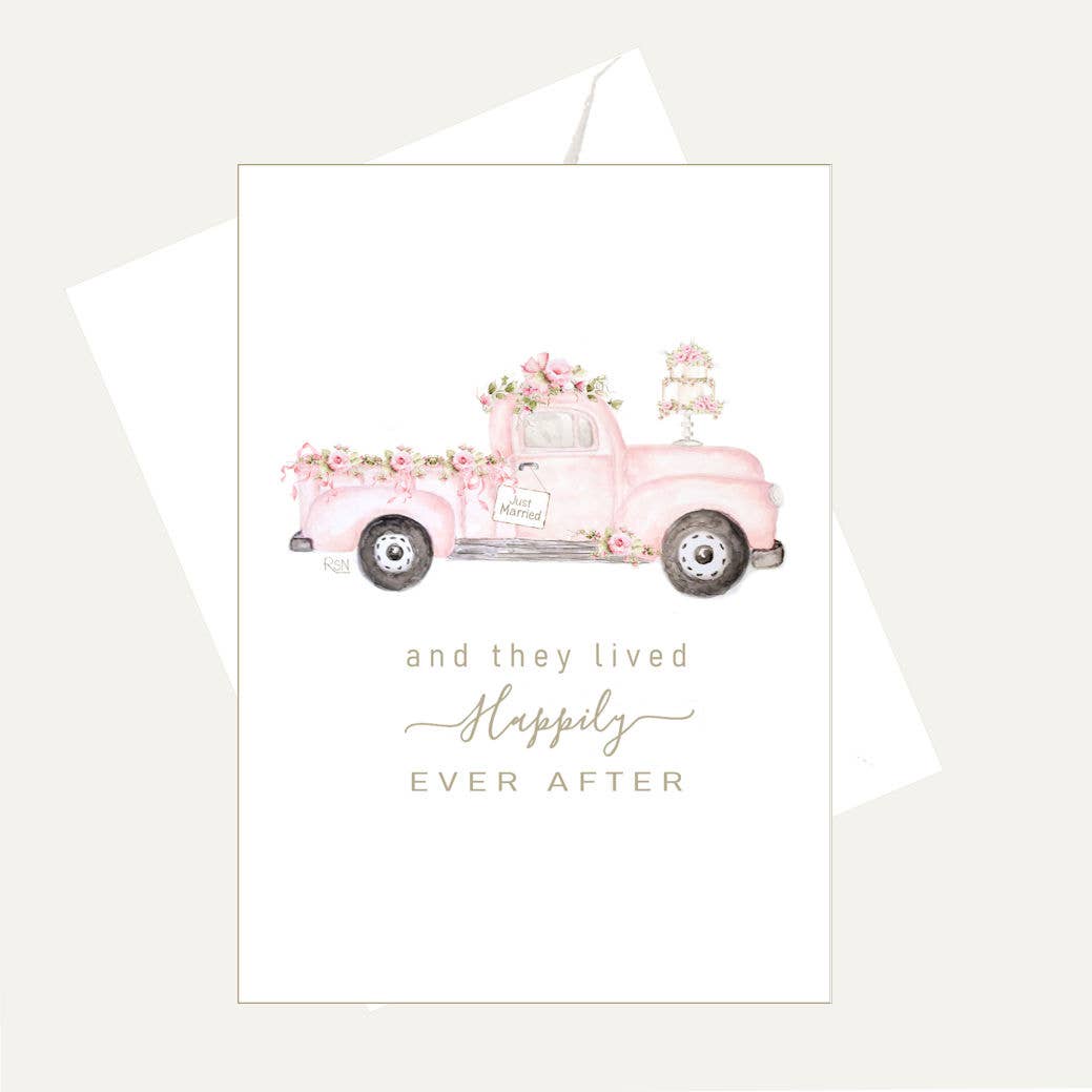 Bellflower Girl - Happily Ever After | Pink Watercolor Truck | Wedding Card
