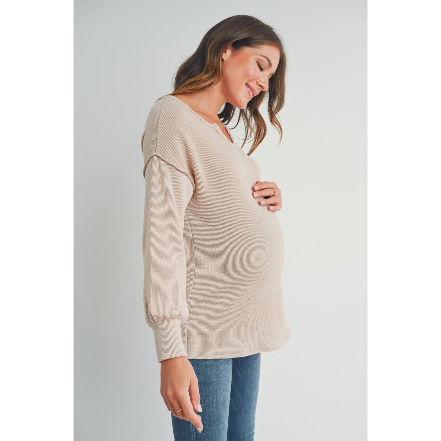 Hello Miz - Split Neck Long Sleeve Maternity Knit Top