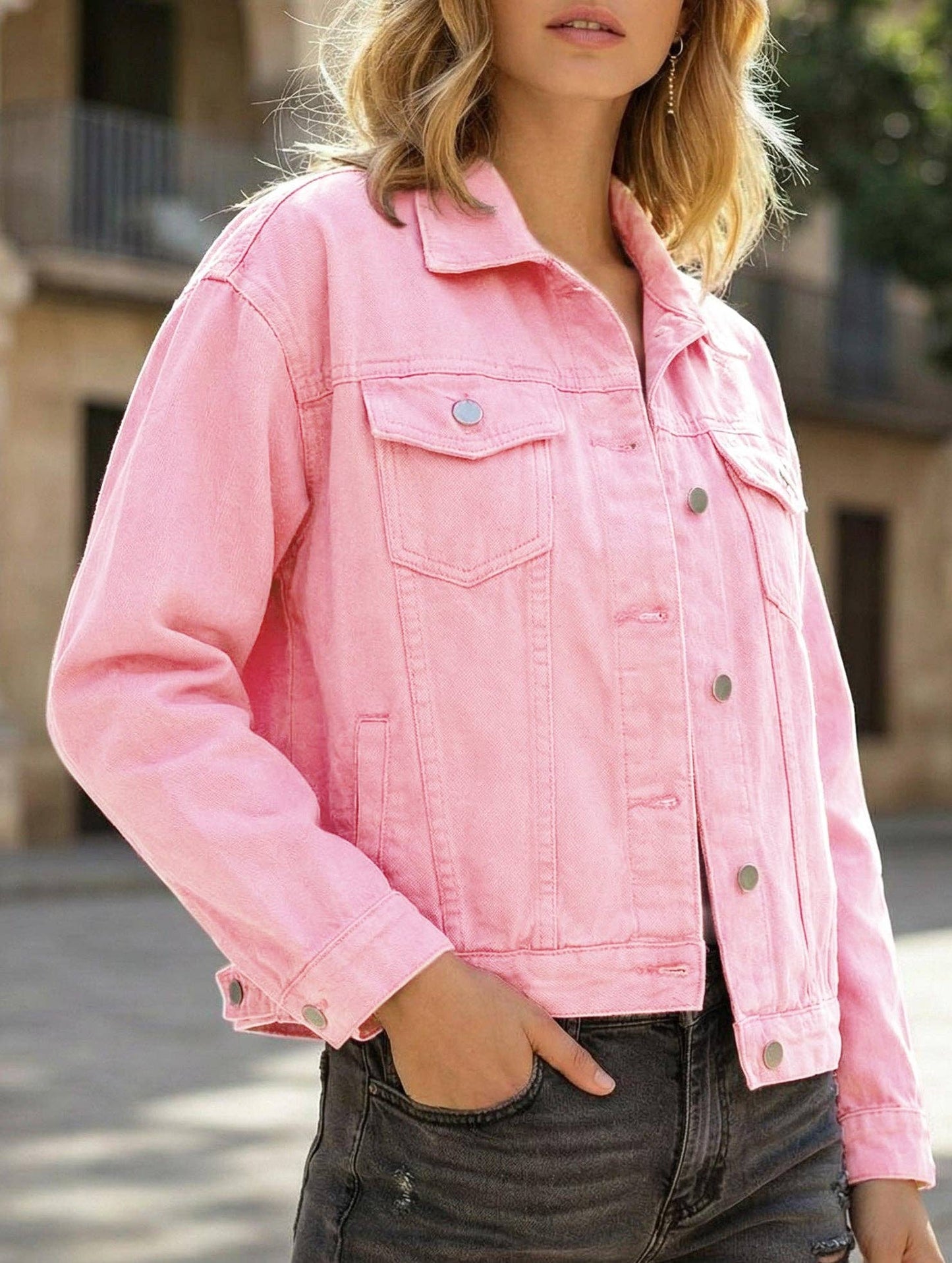 Lovenne - Solid color slim cropped denim jacket casual jacket