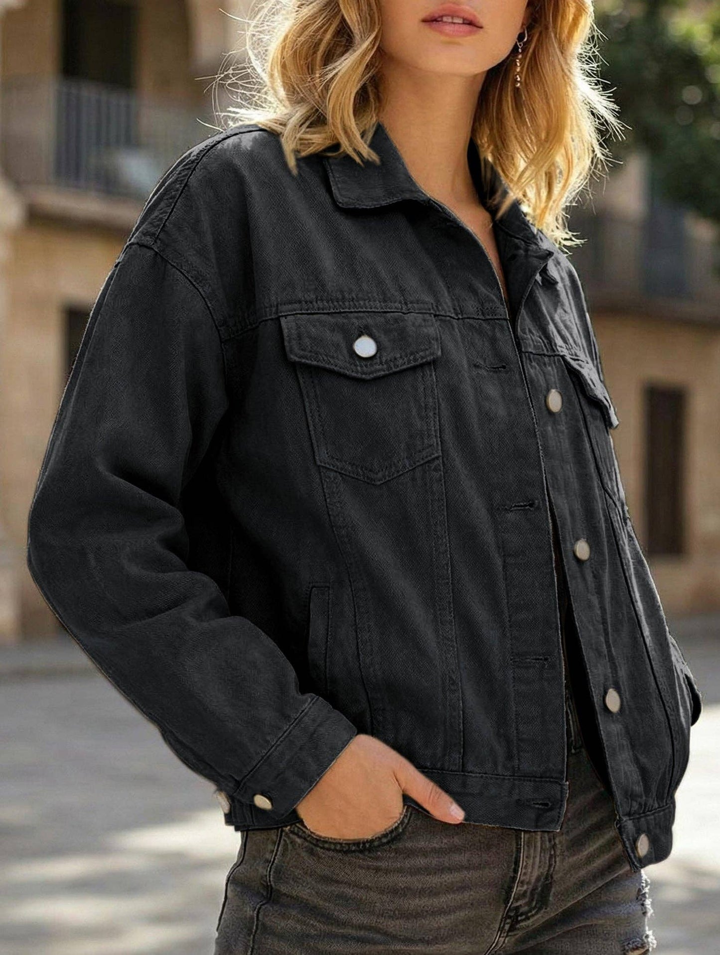 Lovenne - Solid color slim cropped denim jacket casual jacket