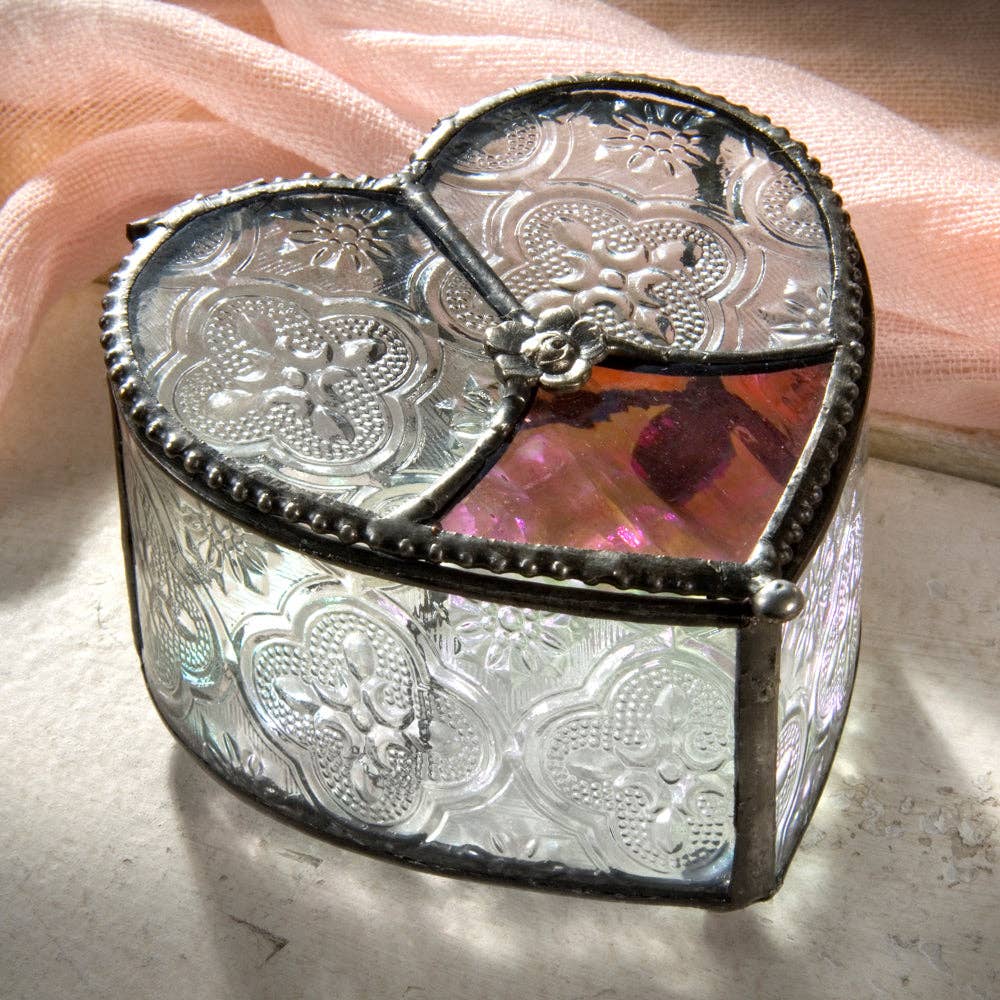 J Devlin Glass Art & Bert Anderson Collection - Heart Glass Jewelry Box with Rose Lid - Mother's Day Gift