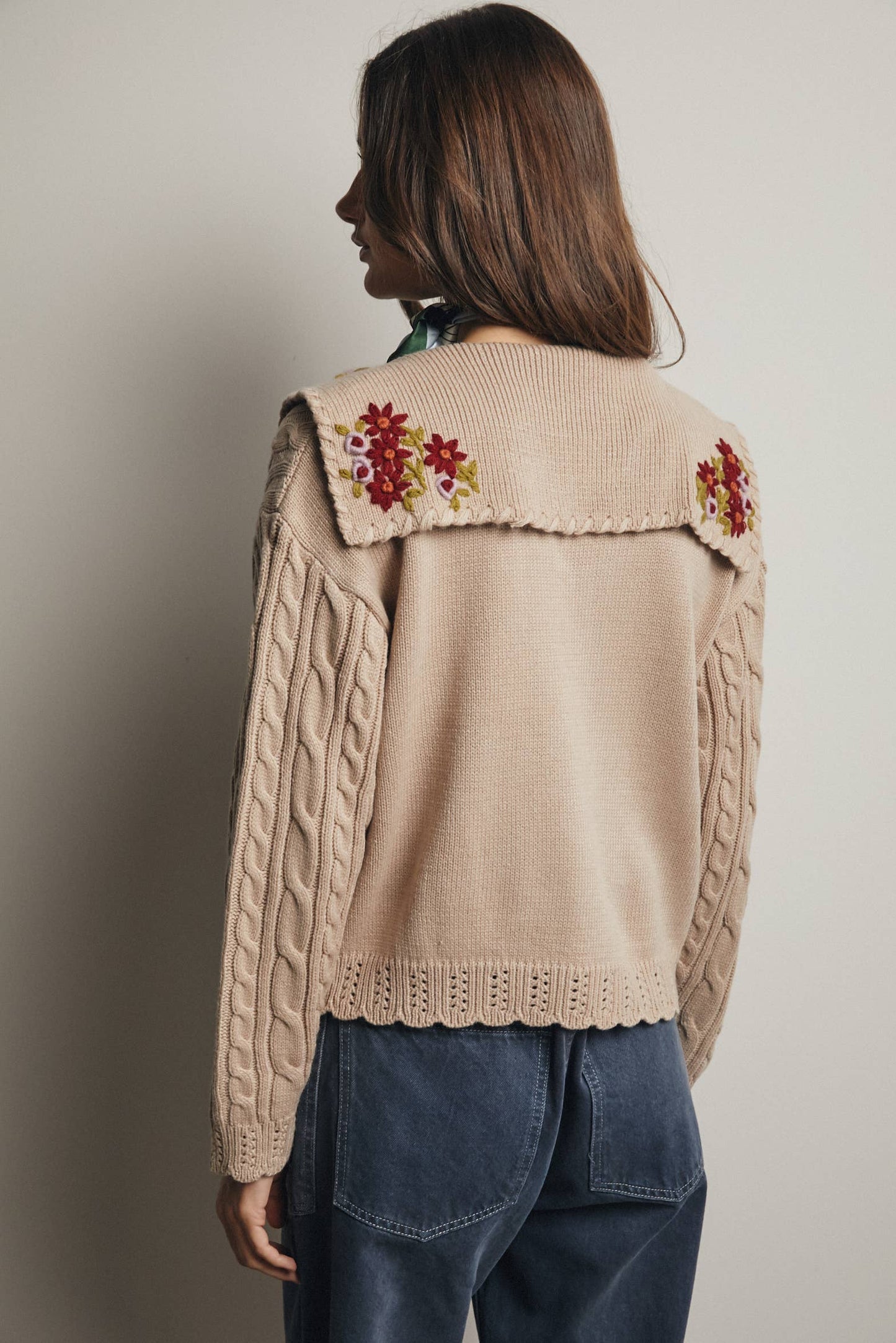 Forte - Cable Knit Embroidered Collar Cardigan FSW0024