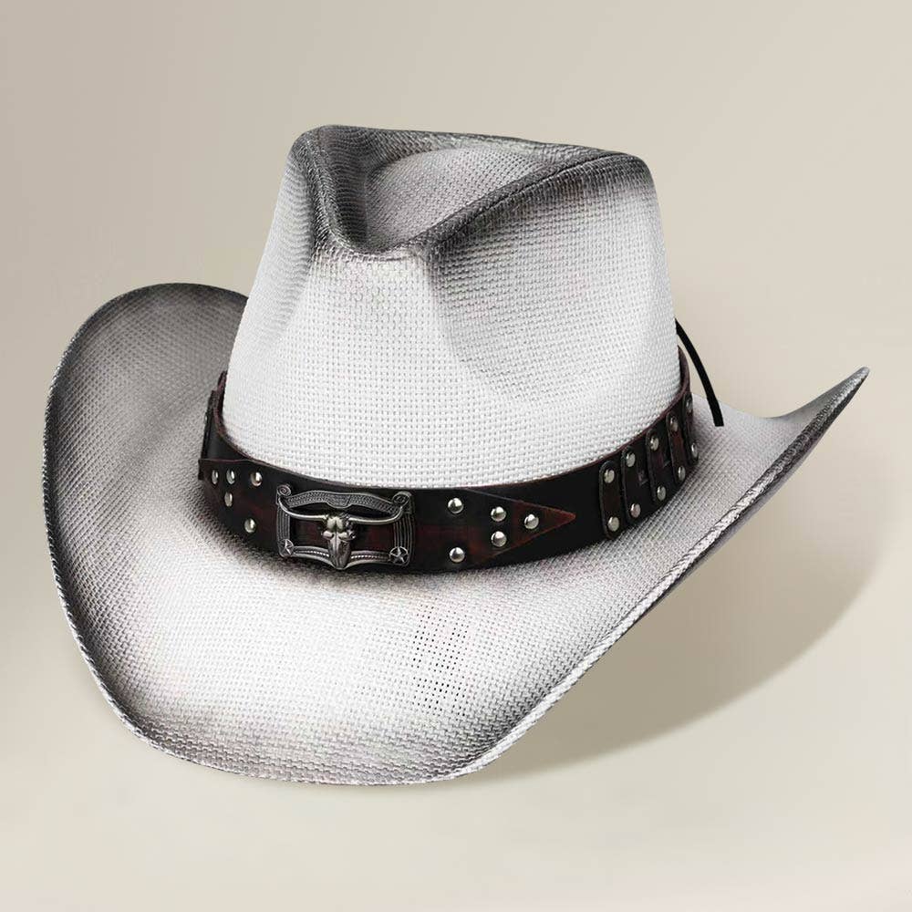 Sensibling Corp. - Steer Head Accent Studded Faux Leather Band Western Straw Cowboy Hat