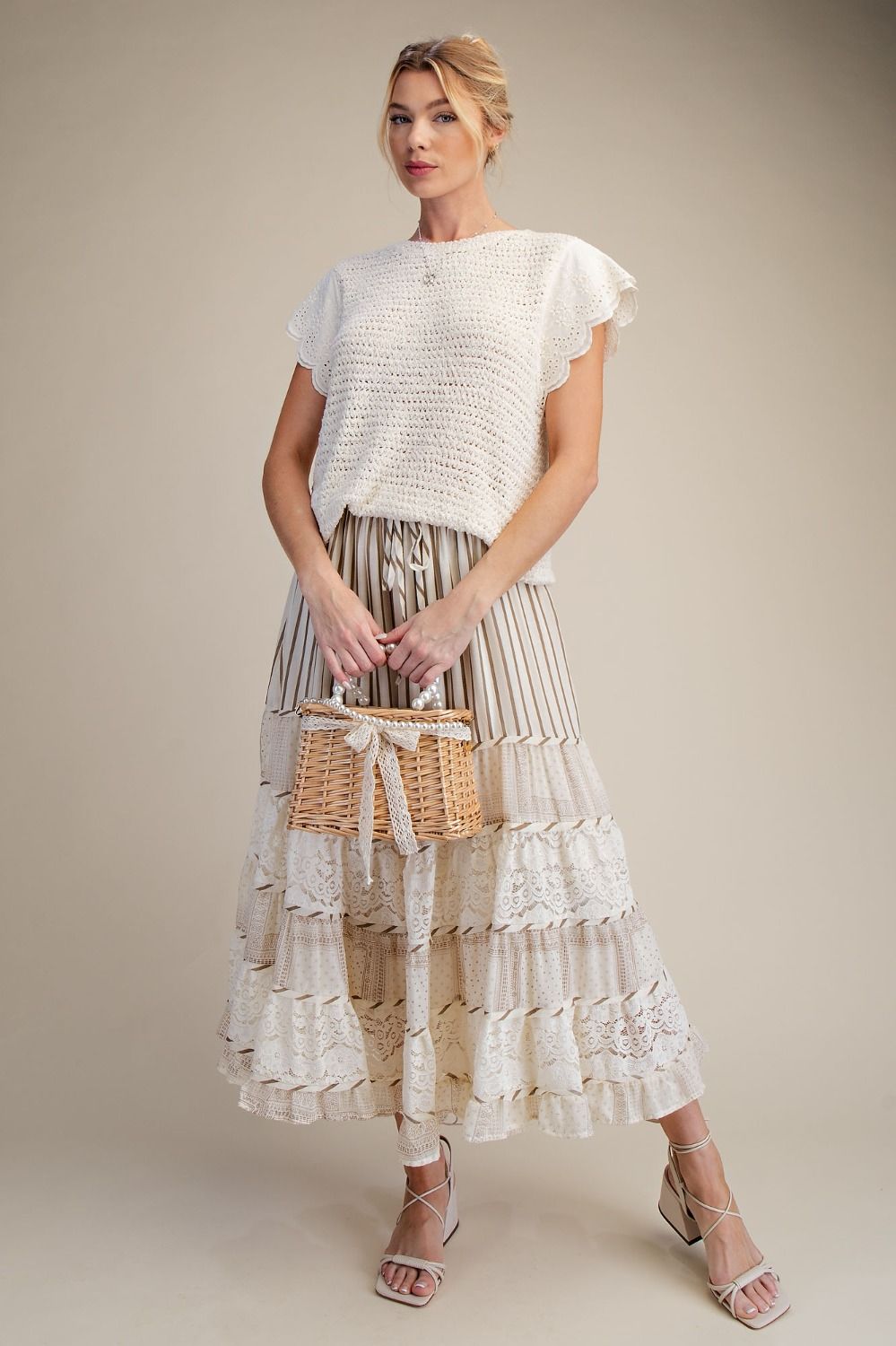 Cotton Stripe and Lace Tan Skirt