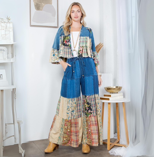 Young Threads - Tiered Patchwork Denim Cropped Shrug with Pants -Sold As Set
