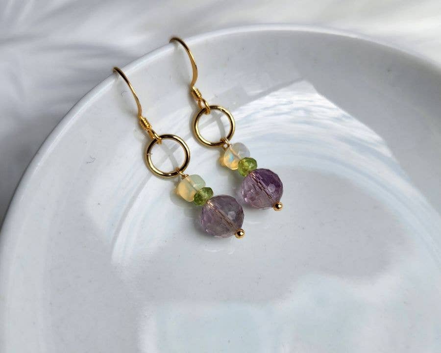 Edgy Petal Jewelry - Light Amethyst, Peridot and Ethiopian Opal Gold Ringlet Earrings