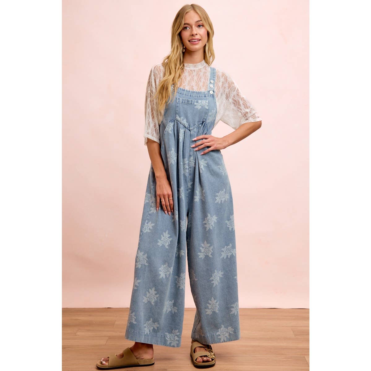 BiBi - ROSE PRINTED WASHED DENIM OVERALLS WITH PLEATS