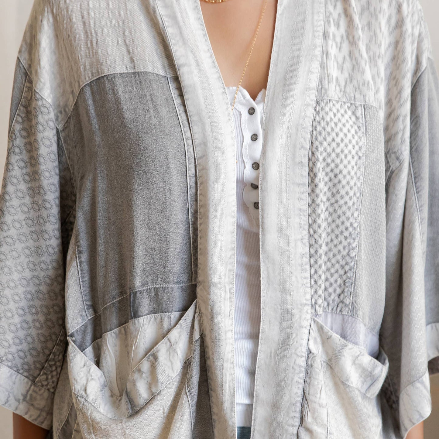 Young Threads - Boho Textured Mixed-Print Kimono with Pouch Pockets