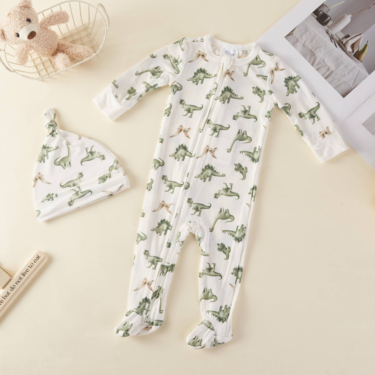 Lollipop Dreams - Dinosaur Pattern Zipper Footie Pajamas Romper w/Beanie
