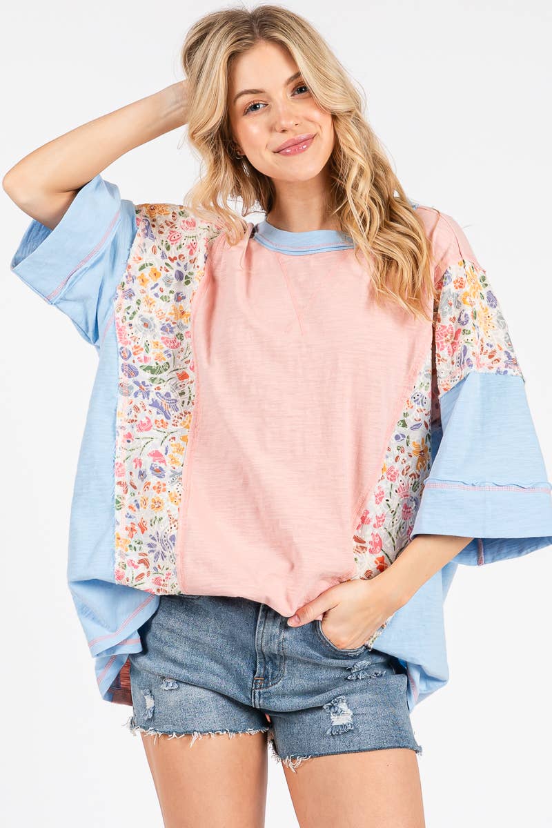 Sewn and Seen - WASHED FLORAL PATCHWORK OVERSIZED CONTRAST TEE