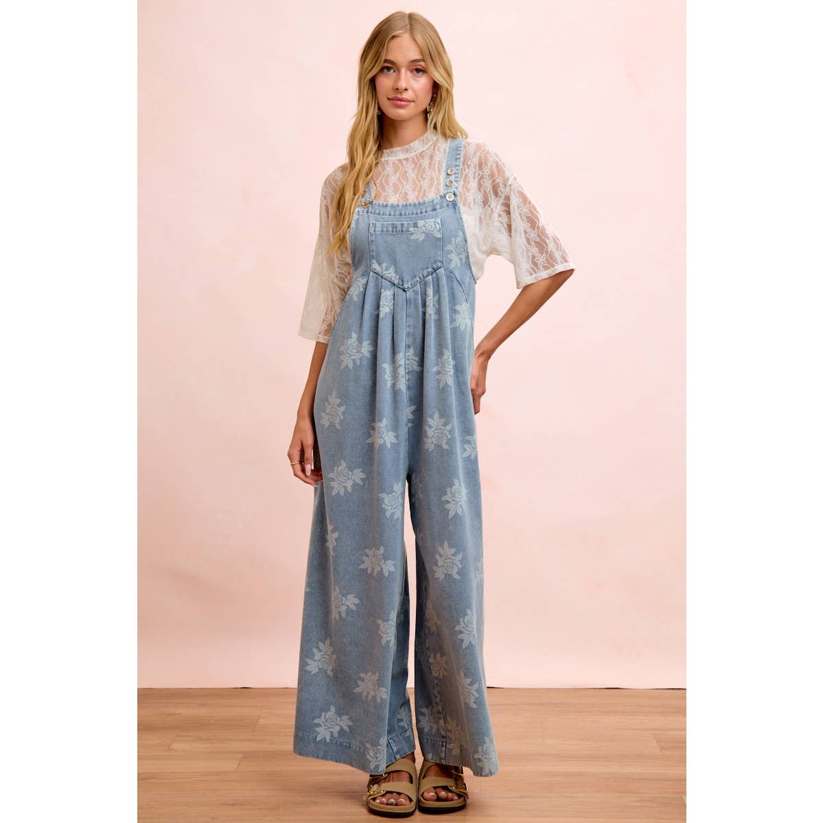 BiBi - ROSE PRINTED WASHED DENIM OVERALLS WITH PLEATS
