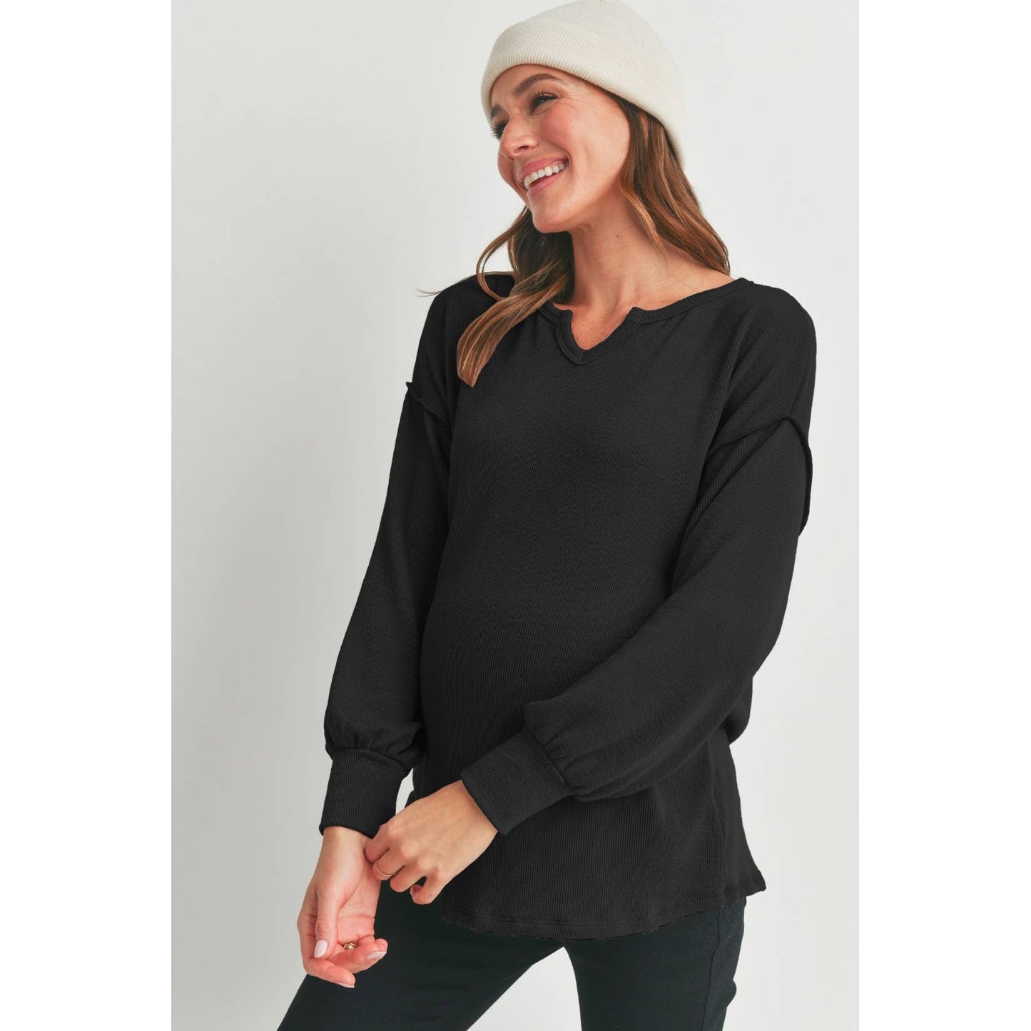 Hello Miz - Split Neck Long Sleeve Maternity Knit Top