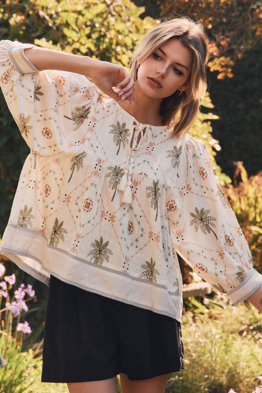 Oddi - Tropical Printed Woven Peasant Blouse