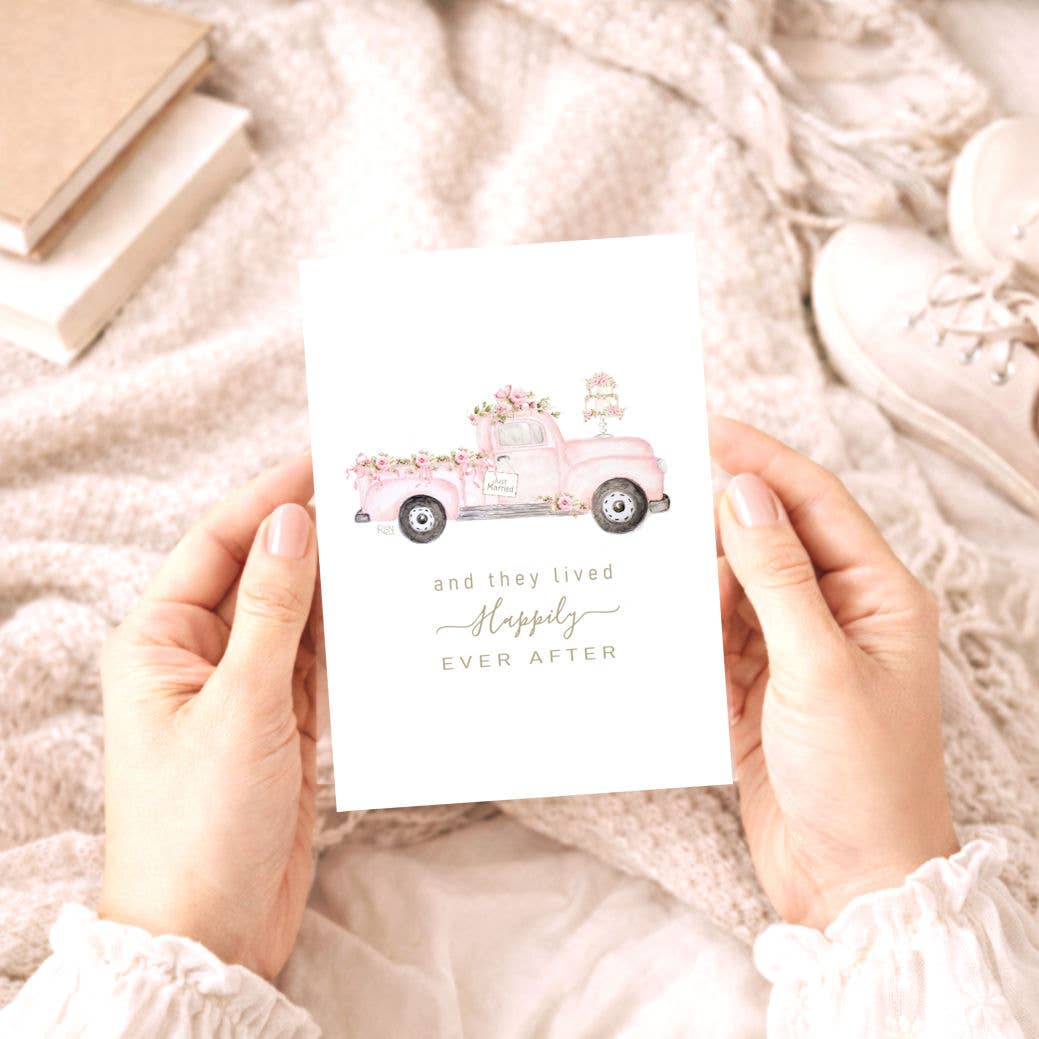 Bellflower Girl - Happily Ever After | Pink Watercolor Truck | Wedding Card