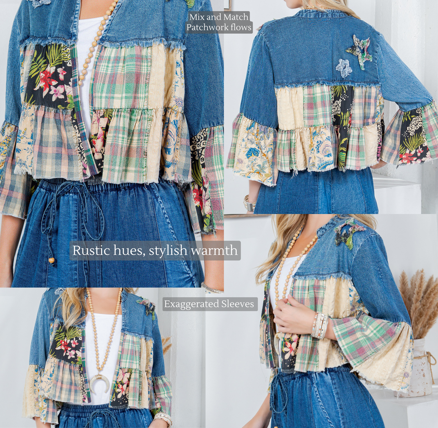 Young Threads - Tiered Patchwork Denim Cropped Shrug with Pants -Sold As Set