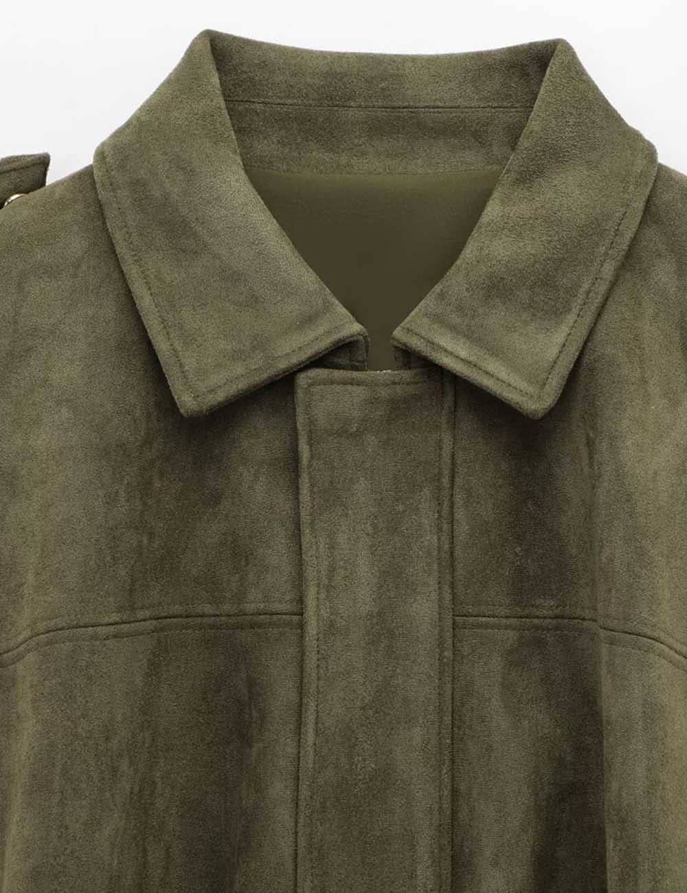 Sweetkama - Ladies Faux Suede Bomber Jacket Shirt Collar Zip-Up Coat