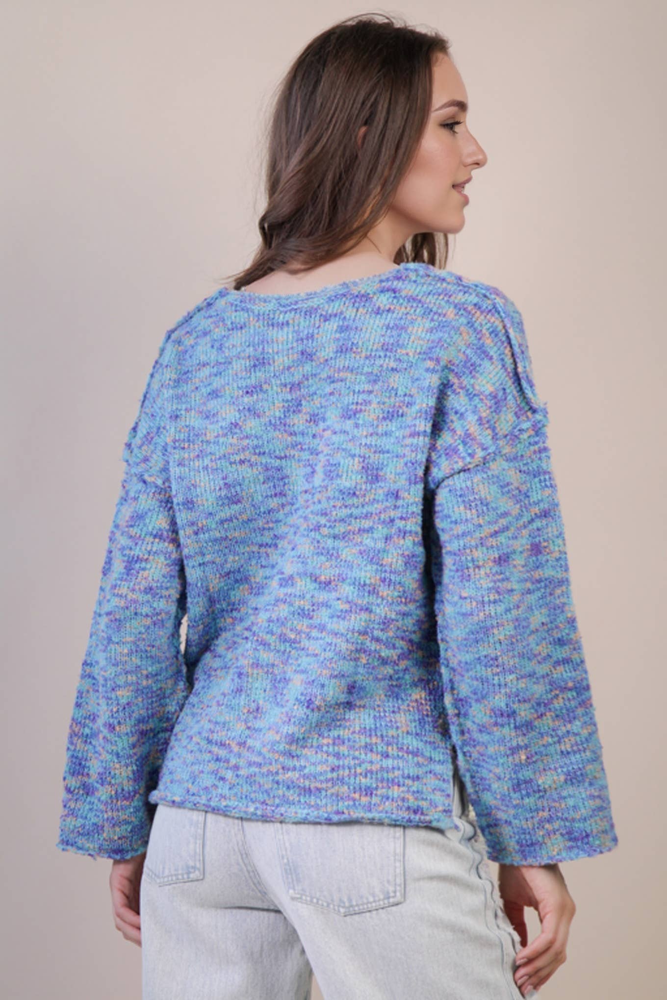 VERY J - 12W3270N-Oversized Casual Multi Color Knit Sweater Top