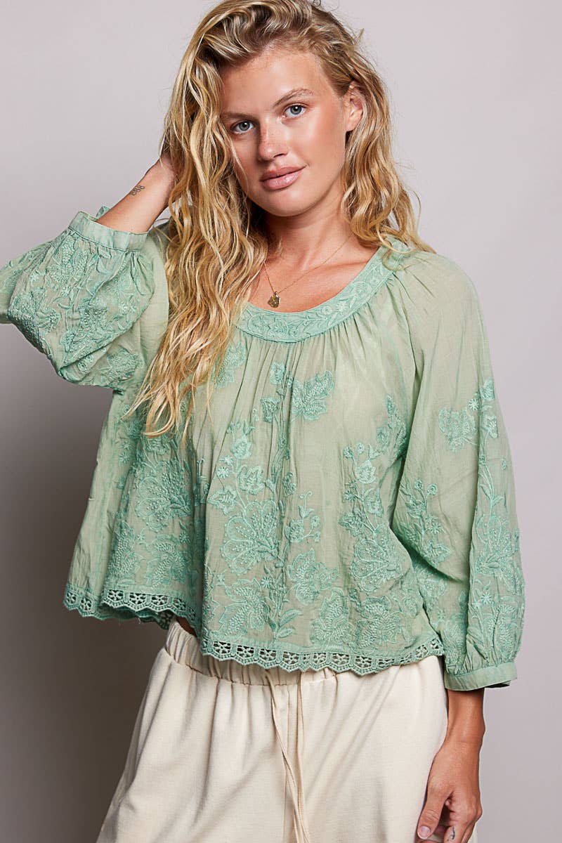 Pol Clothing - Floral Embroidered Lace Hem Boho Blouse