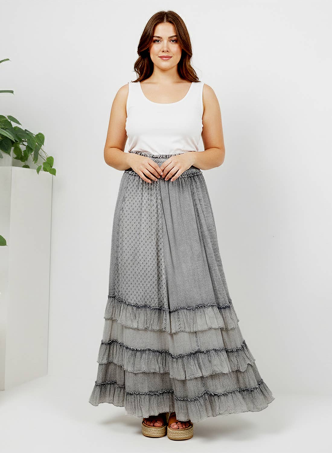 Young Threads - Rustic Textured Smocked Waist Ruffled Tiered Maxi Skirt