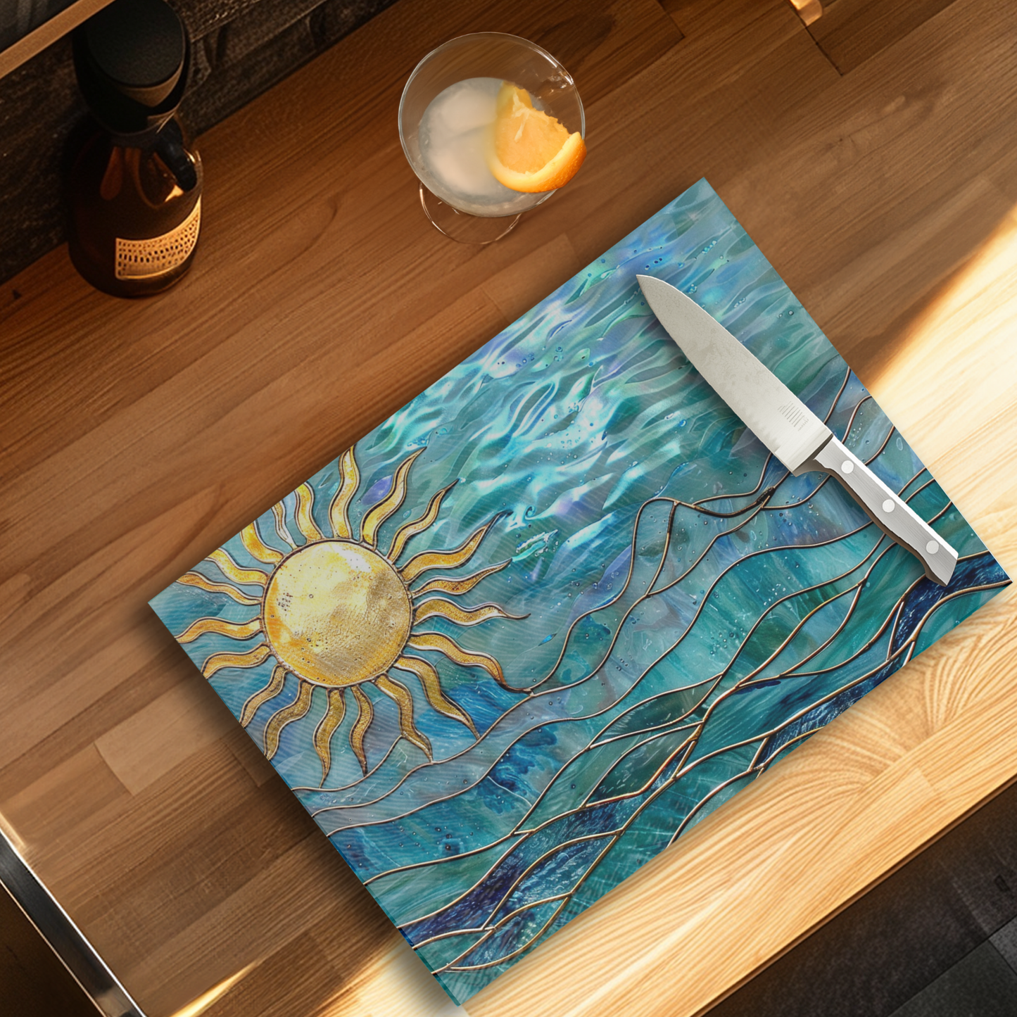 Fernville Creations - Tempered Glass Cutting Board: Ocean Sun Charcuterie Tray