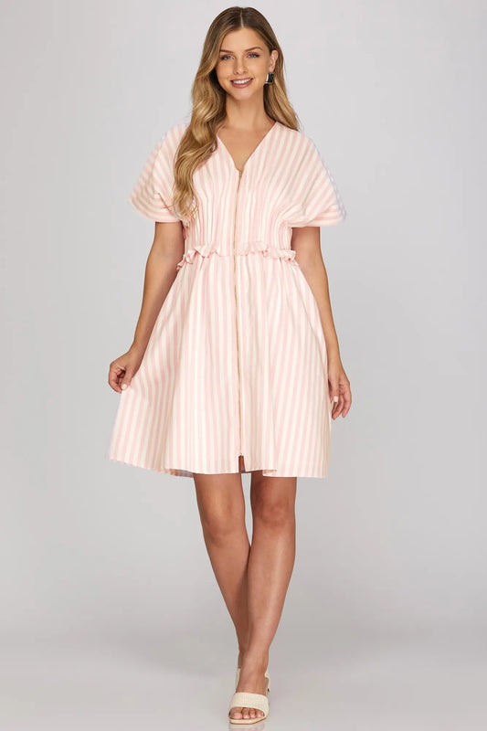 Drop Shoulder Pink Stripe Dress